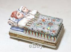 Antique handmade porcelain Limoges French couple in bed brass hinge trinket box
