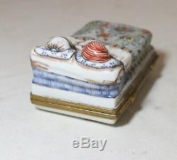 Antique handmade porcelain Limoges French couple in bed brass hinge trinket box