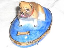 Artoria Limoges Box Pug/Bulldog Dog Sits on Blue Oval