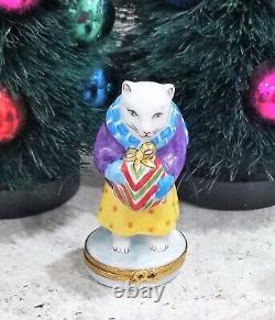 Artoria Limoges Cat with Christmas Gift Trinket Box France Peint Main