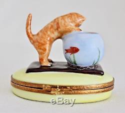 Artoria Limoges France Kitten Cat with Fish Bowl Trinket Box Peint Main Signed