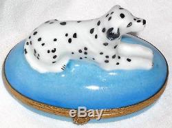 Artoria Limoges Hand Painted Dalmatian Dog Lying on Blue Trinket Box