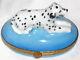 Artoria Limoges Hand Painted Dalmatian Dog Lying On Blue Trinket Box