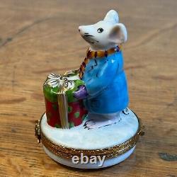 Artoria Limoges Mouse Bearing Cat Nip Christmas Present Trinket Box Peint Main