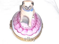 Artoria Limoges Pug/Bulldog Dog Sits on Pink Oval Trinket Box
