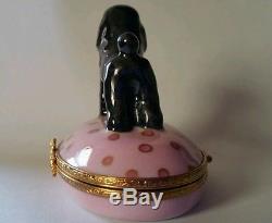 Artoria Porcelain Limoges Black Poodle Dog on Pink Oval Trinket Box