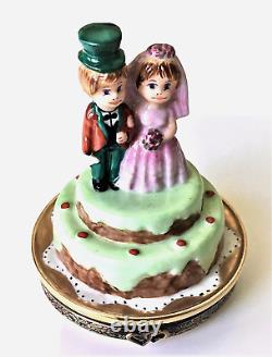 Authentic French Limoges Porcelain Trinket Box WEDDING CAKE With BRIDE & GROOM New