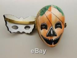 Authentic Limoges Trinket Box Halloween Pumpkin Jack o' Lantern with Hinged Mask