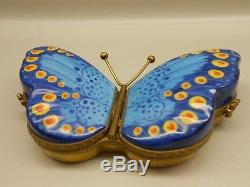 Authentic Vintage Limoges Box Peint Main France PV Double-Sided Blue Butterfly