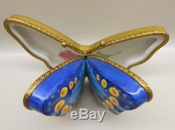 Authentic Vintage Limoges Box Peint Main France PV Double-Sided Blue Butterfly