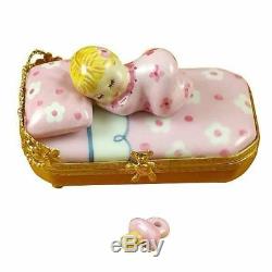 BABY IN PINK BED WITH PACIFIER France Limoges Boxes Rochard NEW French