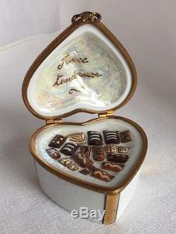 BOX CHOCOLATES HEART-Shape Gold Ribbon Limoges Trinket Box France Peint Main