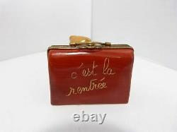 Bear & Suitcase Trinket Box Peint Main Limoges France 1 1/2 Tall