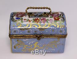 Beautiful Blue Limoges Hand Painted Trunk Basket Style Antique Porcelain Box