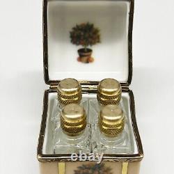 Beautiful Limoges France Peint Main Hinged Trinket Box with (4) Scent Bottles