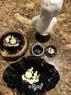 Beautiful Limoges Vanity Lot Set Cobalt Blue Trinket Box Dish With Girl Statue