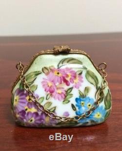 Beautiful Vintage Limoges Lady's Purse & Chain Flowers Peint Mein Trinket Box