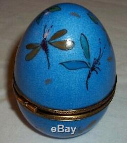 Blue Peint Main Limoges France Butterfly Egg Music Trinket Box With Bunny Inside