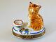 Chamart France Limoges Hinged Lid Trinket Box, Orange Cat With Hand Painted Mice