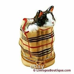 Cat In Burberry Bag Limoges Porcelain Figurine Boxes Authentic Imports