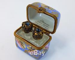 Chamart Limoges France Hinged Blue Box, Orchids, 2 Mini Jeweled Perfume Bottles