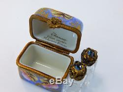 Chamart Limoges France Hinged Blue Box, Orchids, 2 Mini Jeweled Perfume Bottles