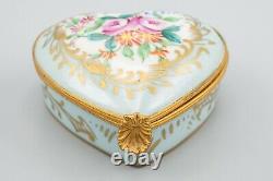 Champs Elysees France Porcelain Trinket Box Rose Flower Blue Gold Heart, Large