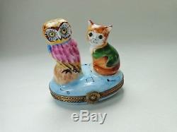 Charmart Peint Main Limoges France Cat and Owl Trinket Box Signed