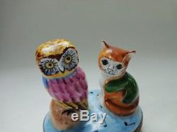 Charmart Peint Main Limoges France Cat and Owl Trinket Box Signed