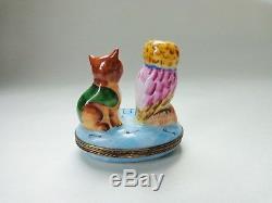 Charmart Peint Main Limoges France Cat and Owl Trinket Box Signed