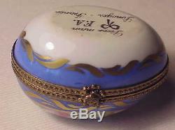 Charming Vintage Egg Shaped Limoges French Porcelain Trinket Box Blue & Gold