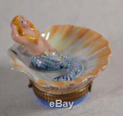 Chenille Limoges Mermaid in Seashell Trinket Box Dolphin Clasp