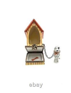 Dog Spotted Black & White Chain To Dog House Trinket Box By Limoges France