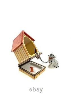 Dog Spotted Black & White Chain To Dog House Trinket Box By Limoges France