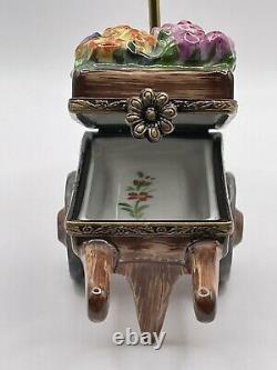 Elda Creations Limoges France Peint Main Porcelain Flower Cart Trinket Box