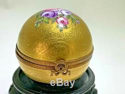 Elegant Gold Tone & Floral Round Ball Limoges France Trinket Box