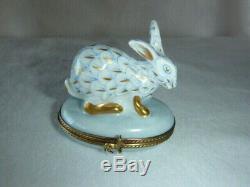 Eximious Limoges France Peint Main Blue & Gold Fishnet Bunny Rabbit Trinket Box