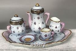 Eximious Limoges Trinket Box 7 Piece Tea Coffee Set with Tray Pink Stars 478