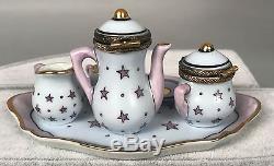 Eximious Limoges Trinket Box 7 Piece Tea Coffee Set with Tray Pink Stars 478