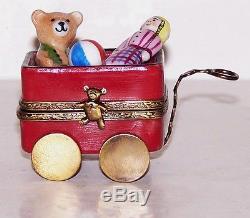 Exquisite Limoges France Christmas Wagon Trinket Box With Toys Bear Doll Ball