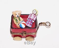 Exquisite Limoges France Christmas Wagon Trinket Box With Toys Bear Doll Ball