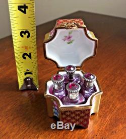 Exquisite Porcelain Limoges FRANCE Trinket Box with Pink Perfume Bottles (L)