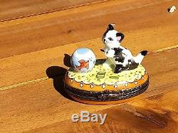 Fantastic Rochard Limoges Cat and Fishbowl Trinket Box with Original Box