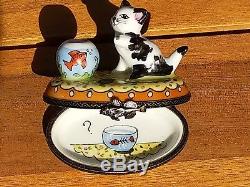 Fantastic Rochard Limoges Cat and Fishbowl Trinket Box with Original Box