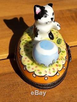 Fantastic Rochard Limoges Cat and Fishbowl Trinket Box with Original Box