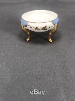 Footed Sevres Style Limoges Trinket Box Blue Hand Painted Artist Signed c1891