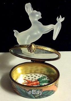 France Limoges Hand Painted Rochard Crystal Bunny Rabbit with Carrot Trinket Box
