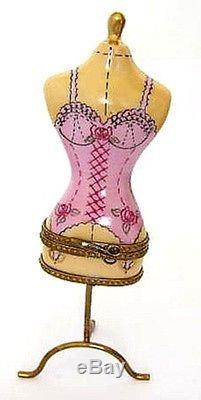 French Limoge Porcelain Box- Mannequin Pink Lace CORSET on Stand, Scissor Clasp
