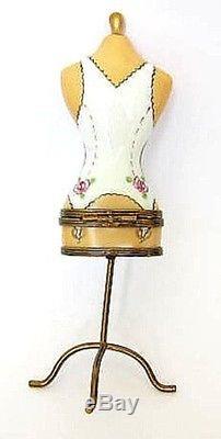 French Limoge Porcelain Box- Mannequin White Lace CORSET on Stand, Scissor Clasp