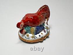 French Limoges Chantilly Hand-Painted Porcelain Trinket Jewelry Box Rooster Hen